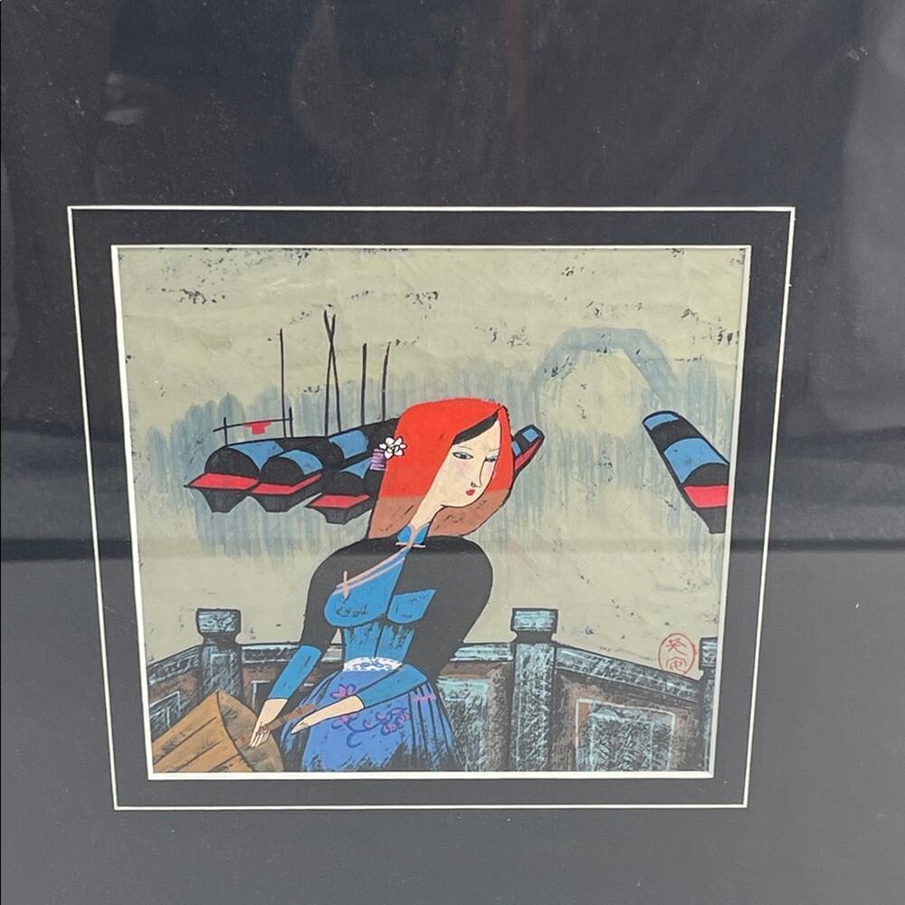 Hu Yongkai signed art ink on paper Chinese woman with matted framed art 12x12